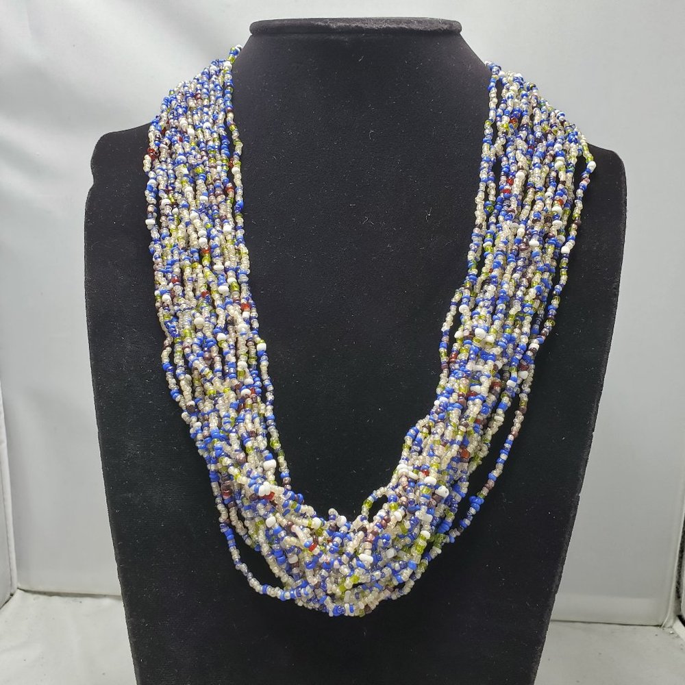 Signature multi color blue clear seed bead multi strand necklace 20 strand